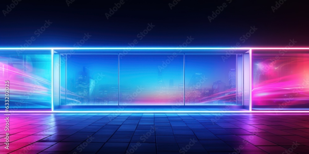 Neon panorama showcase with city view with skyscrapers and light effects for text mockup. AI generation Neon panorama showcase with city view with skyscrapers and light effects for text mockup. AI generation
