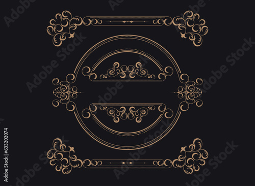 Golden border frame set template with ornamental corner lines, oval or circle shape, vector frame decoration pattern style