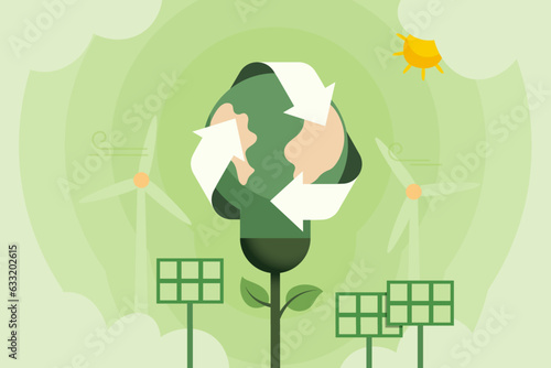 Green light bulb with earth, solar energy and wind turbine on green sky background. ESG, Renewable Energy, Ecology and environment concept. Flat Vector Illustration.