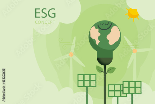 Green light bulb with earth, solar energy and wind turbine on green sky background. ESG, Renewable Energy, Ecology and environment concept. Vector Illustration for Landing Page Template.