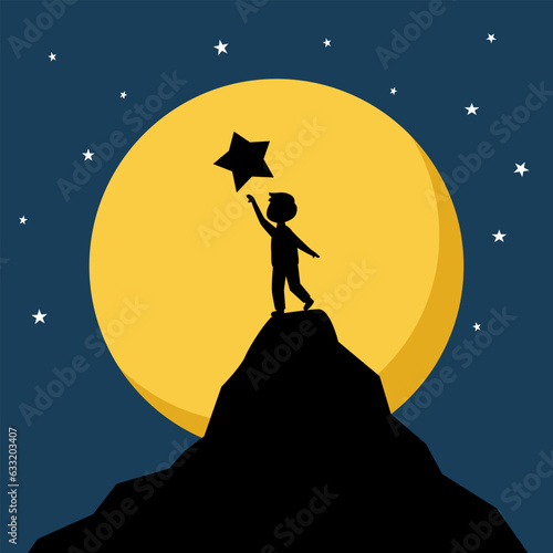 Silhouette child reaching star with moon on background.