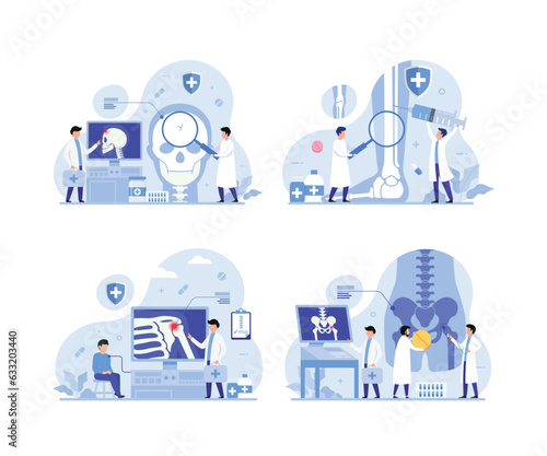 Tiny Orthopedics doctors examining human joints pain design concept set