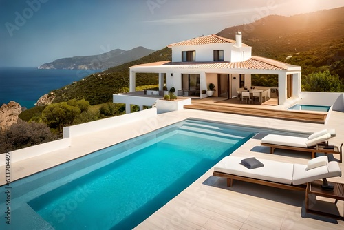 Traditional mediterranean white house with pool on hill with stunning sea view, Generative Ai © DESIRED_PIC