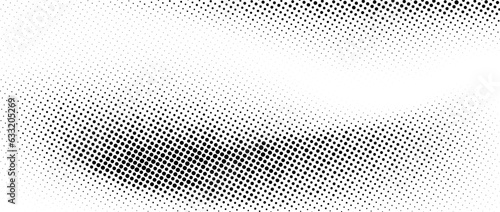 Halftone faded wavy gradient texture. Grunge dirty speckles and spots background. White and black uneven sand grain wallpaper. Retro pixelated comic cartoon vector backdrop. 