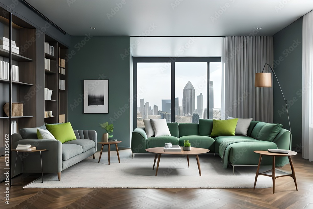 gray lounge with green cushions, wooden coffee table, simple posters on wall and cupboard with books in bright sitting room interior gray lounge with green cushions, wooden coffee table, simple posters on wall and cupboard with books in bright sitting room interior