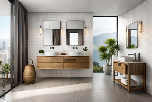 Wooden washstand with white ceramic vessel sink. Interior design of modern bathroom  Generative Ai