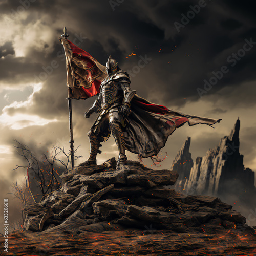 A knight, warrior, on top, mountains, flag, spirit, A Knight, sword, blue skies, cloudy, epic, dramatic, ancient, cape, helmet, armor, tall, war, peace, battle, AI Generated