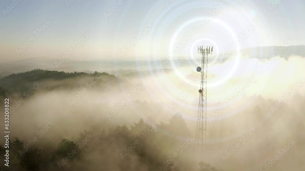 Radio Tower Waves Emitter Cell Phone Tower animated Cloud Fog Sunrise