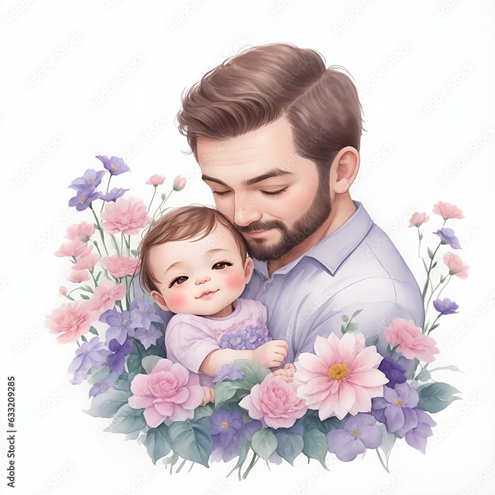 Dad and cute baby with flowers Chibi style in watercolor style