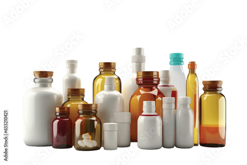 Various meds, glass bottles medicine, Drug medication & supplements collection. Realistic flat style vector illustration