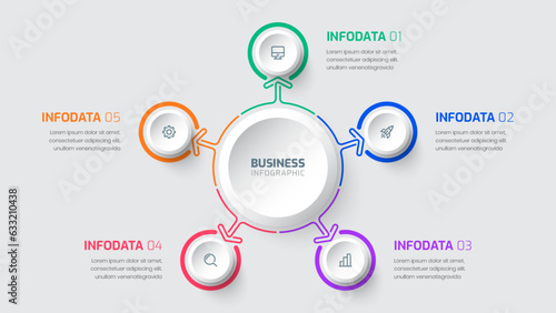 Vector Infographic Label Design Template with Circle Label 5 Options and Icon for Presentation