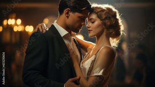 Classic. Romance. Love. Ballroom dance floor with couples dancing. Female in flapper dress and male in tuxedo. Generative AI