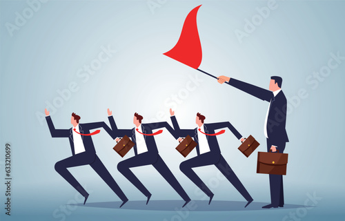Instructions and commands, starting a new business or a new task, corporate culture and corporate management, the boss or manager waves the flag and the employees start running forward