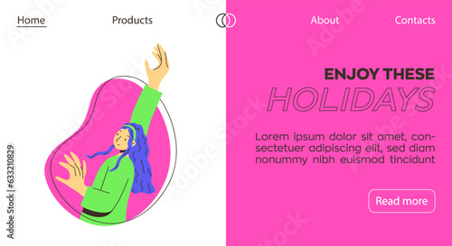 Colorful banner for website with illustration of young woman. Web banners. Trendy vector flat style. International day of young people. Color block.