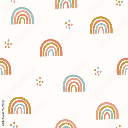 Cute baby seamless rainbow pattern. Hand drawn rainbow and random dots in pastel colors. The decor for the nursery, the design of the baby shower. Scandinavian style.