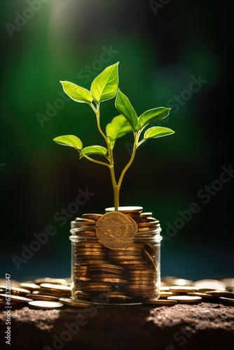 Plant Growing In Savings Coins. Investment And Interest Concept. Generative AI
