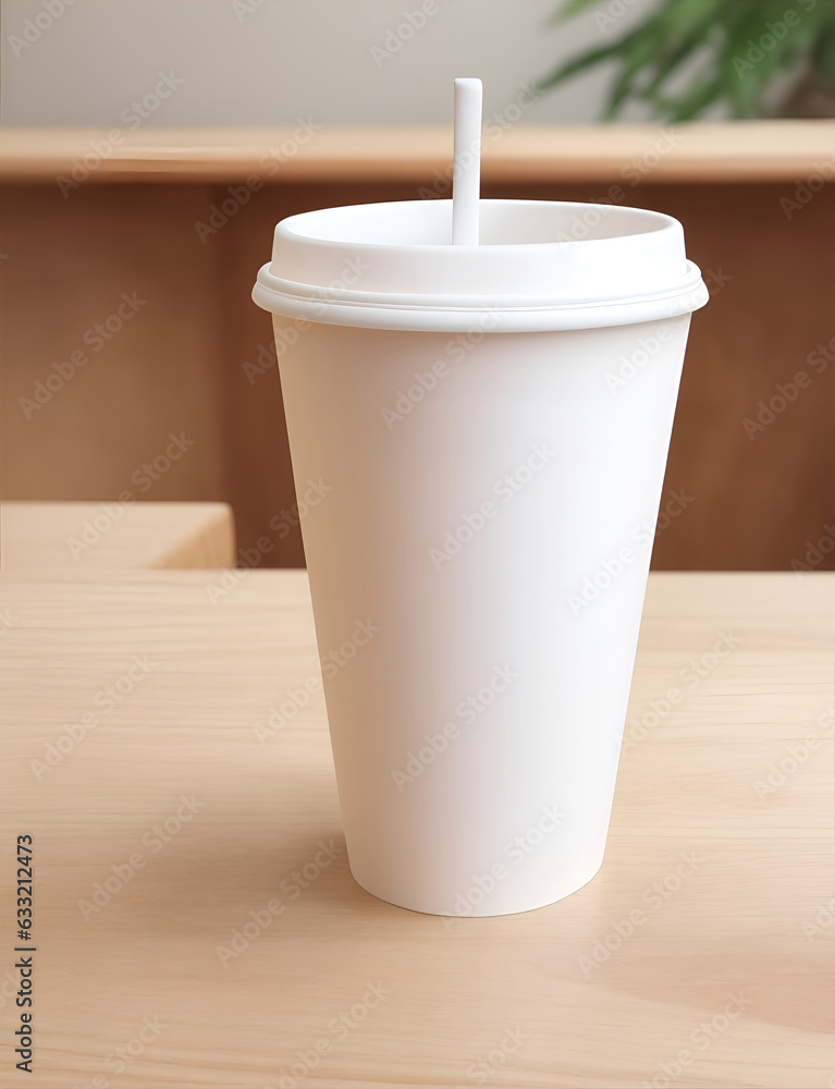 Realistic mockup white paper cup on wooden table Realistic mockup white paper cup on wooden table