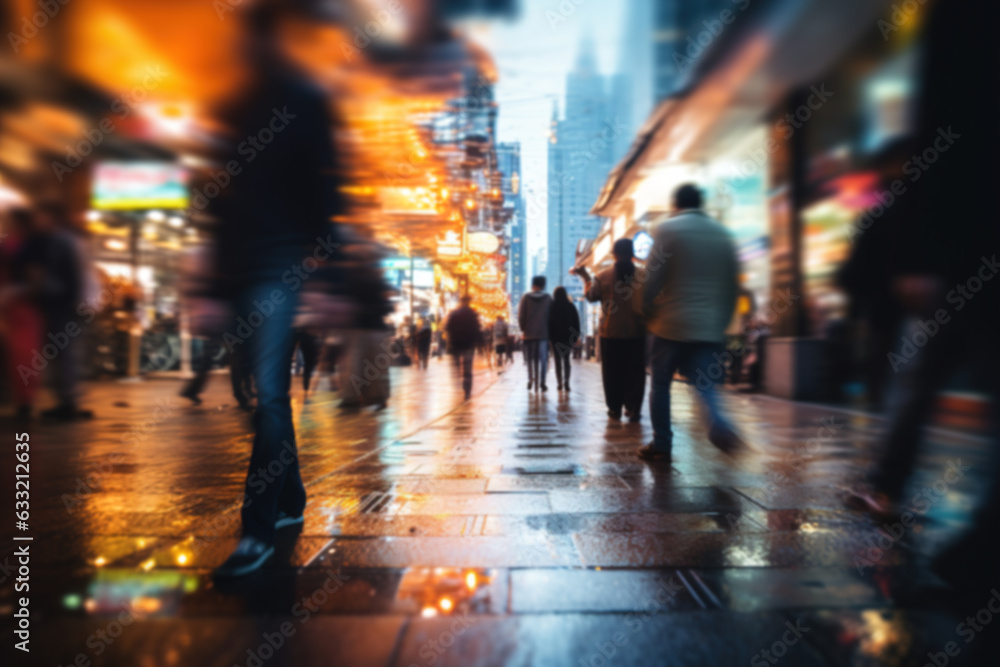 Defocus rush hour, pedestrians on the street blur outdoors on a rainy evening