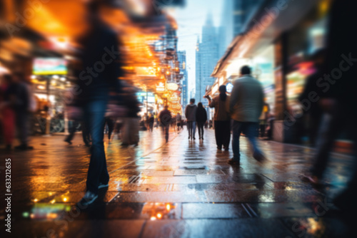 Defocus rush hour  pedestrians on the street blur outdoors on a rainy evening