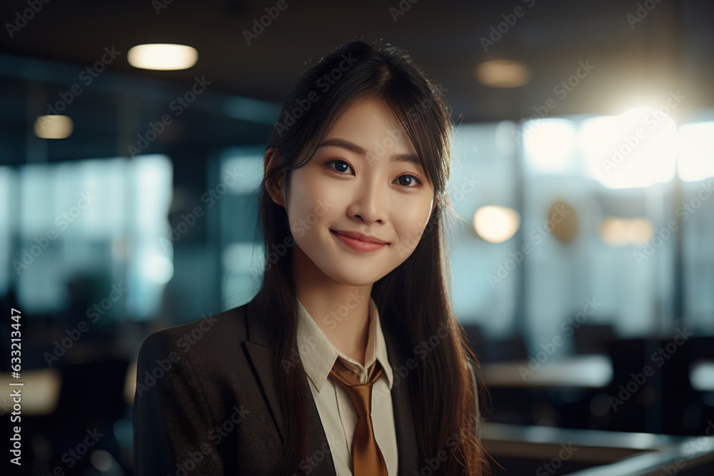 Portrait smiling cute asian businesswoman in suit in office, confident positive young woman manager worker looking at camera, indoors. Business and career concept Portrait smiling cute asian businesswoman in suit in office, confident positive young woman manager worker looking at camera, indoors. Business and career concept