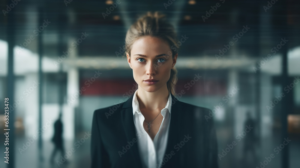 Purposeful confident young pretty blonde woman in a business suit in office looking at camera Purposeful confident young pretty blonde woman in a business suit in office looking at camera