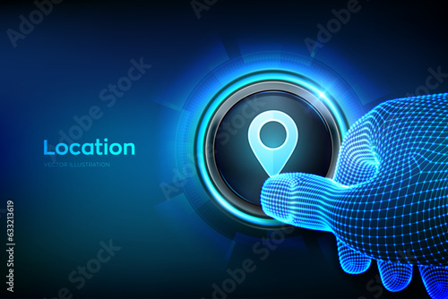 Location. Pointer of map. Closeup finger about to press a button with Point of location icon. Map marker sign. Gps pointer. Navigation pin point global position system symbol. Vector illustration.