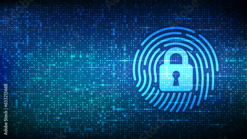 Fingerprint with padlock icon made with binary code. Personal Data protection. Cyber Security. Private secure safety. Biometrics identification. Matrix background with digits 1.0. Vector Illustration.
