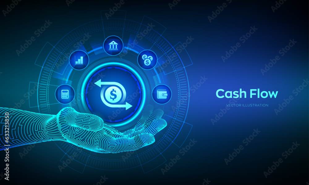 Cash flow icon in wireframe hand. Income growth, investment, wealth, financial management. Innovation technology business concept on virtual screen. Vector illustration.