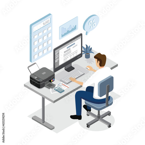 Businessman working on invoice on computer concept. Isometric vector.