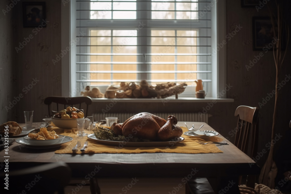 Thanksgiving dinner with turkey, food and drink on dining table.