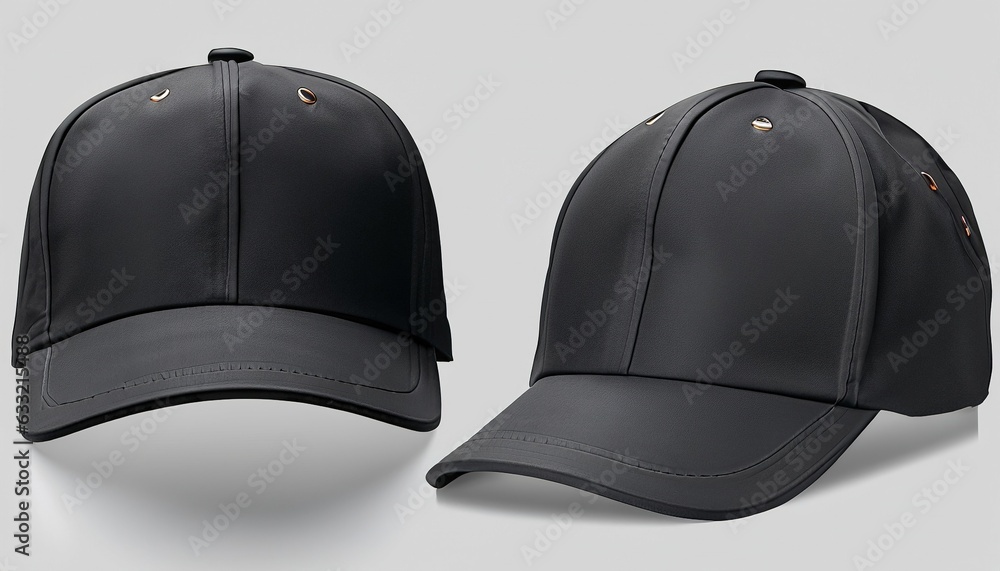 Set of black front and side view hat baseball cap background. Mockup template for artwork graphic design Set of black front and side view hat baseball cap background. Mockup template for artwork graphic design