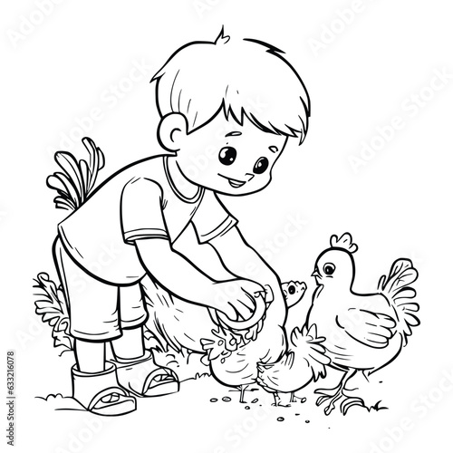 A Boy Feeds Chickens Coloring Pages For Kids