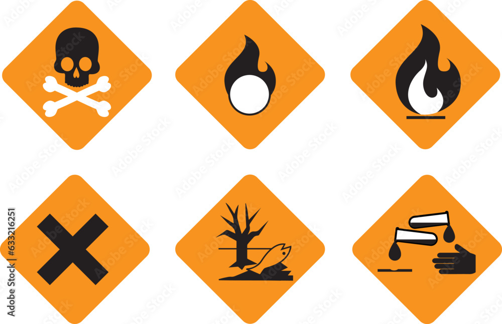 Set of flammabl chemicals - hazard symbols and warning sign isolated on white, vector Set of flammabl chemicals - hazard symbols and warning sign isolated on white, vector