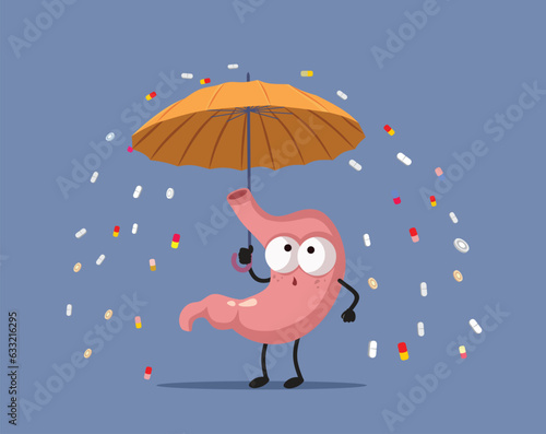 Cartoon Stomach Holding an Umbrella Staying Away from Medicine Side Effects. Probiotics protecting from stomachaches due to medical treatment 
