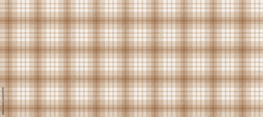 Brown gingham seamless pattern. Beige and white vichy background texture. Checkered tweed plaid repeating wallpaper. Natural nude tartan fabric and textile swatch design. Vector backdrop