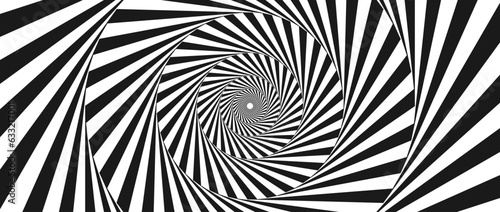 Radial optical illusion background. Black and white abstract lines in circles. Poster, banner, template design. Spinning rotating spiral or vortex illusion wallpaper. Vector horizontal opt art surface