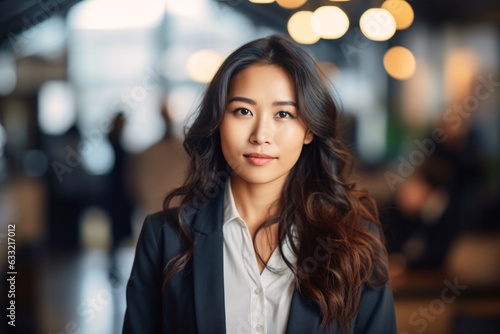 portrait of a young Asian female entrepreneur, confidently looking at the camera, framed against the background of a bustling open-concept office space
