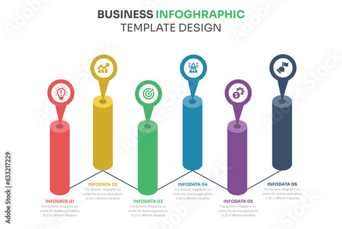 Six numbered  frames placed in horizontal row business infographics