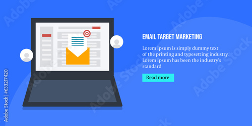 Targeting company customer with email marketing campaign, receiving electronic messages on email inbox interface on laptop screen, vector illustration web banner.