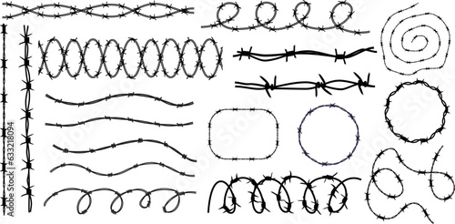 Twisted barbed wire silhouettes set in rounded and square shapes. Vector illustration of steel black wire barb fence frames. Concept of protection, danger or security