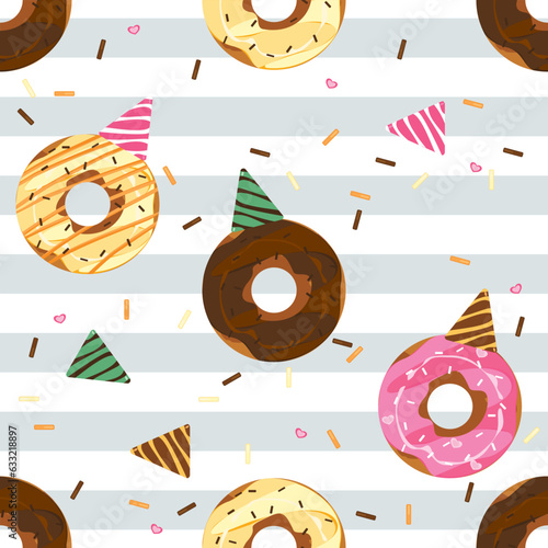 Seamless pattern vector colorful donuts isolated on striped background in flat donut style.