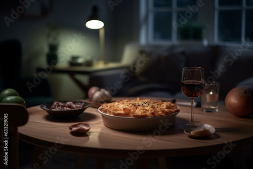 Delicious baked meal on a restaurant table with wine glass