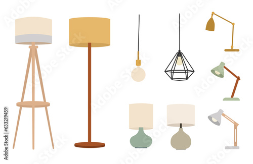 Set of lamps for the interior in a flat style. Modern floor lamp, table lamp, night light illustration.