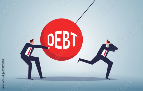 Debt Problems and Debt Stress, Loan Problems or Loan Risks, Businessman Releases Debt Iron Ball to Hit Another Businessman