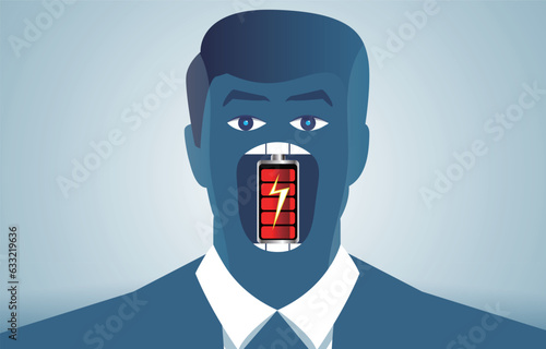 eat the battery, modern new energy business market, electric energy, charging, replenish energy, increase productivity and efficiency, businessman's mouth eats battery full of electric energy