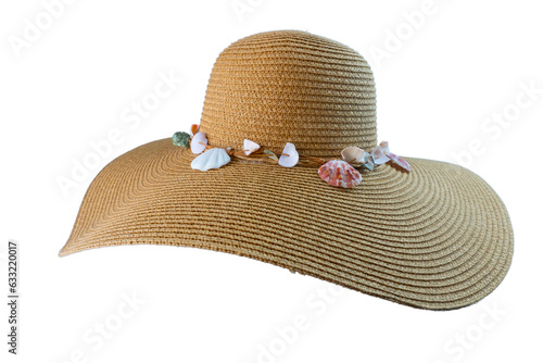 Straw Beach Sun Hat with Sea Shells Ornamentt Isolated photo