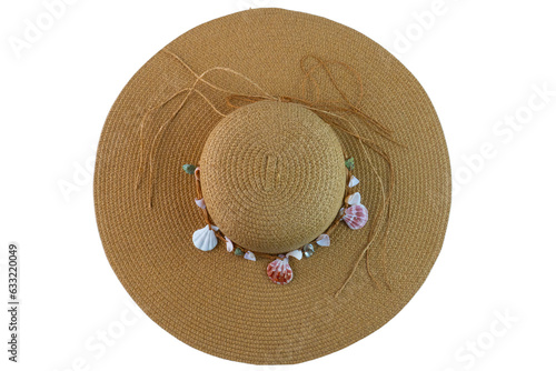 Straw Beach Sun Hat with Sea Shells Ornamentt Isolated photo