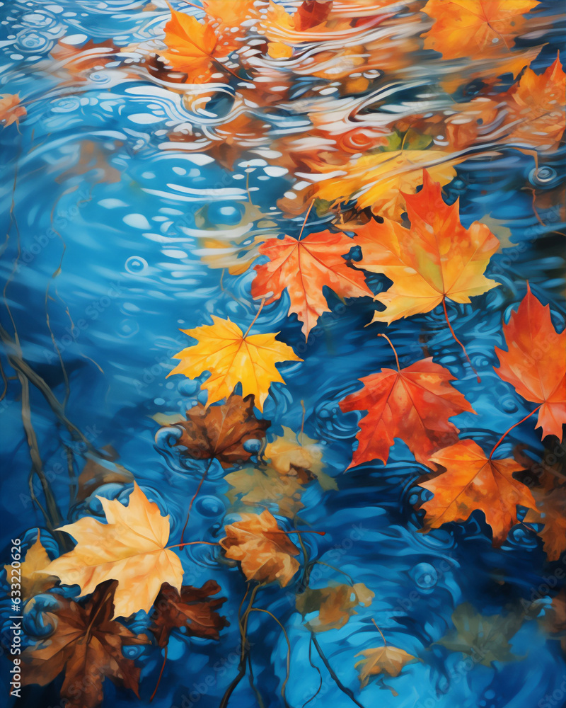 autumn leaves fall and floating the blue water in close up, little ripple of water, hyper realistic