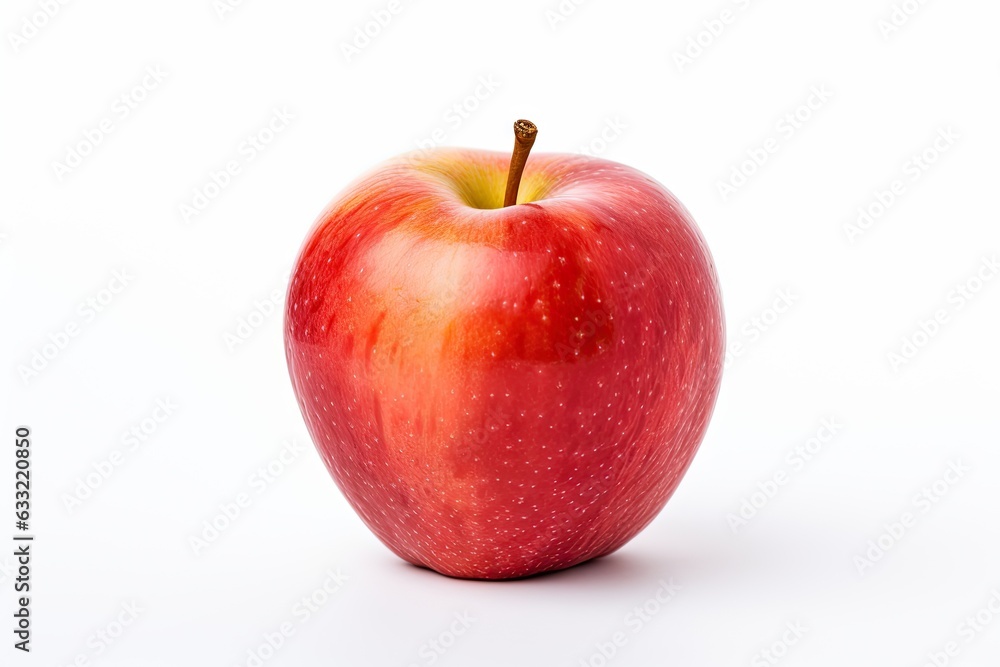 Close up view exploring freshness of vibrant red apple isolated on clean white background Close up view exploring freshness of vibrant red apple isolated on clean white background