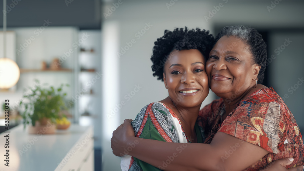 Smiling elderly woman embracing her adult daughter against the backdrop of a living room